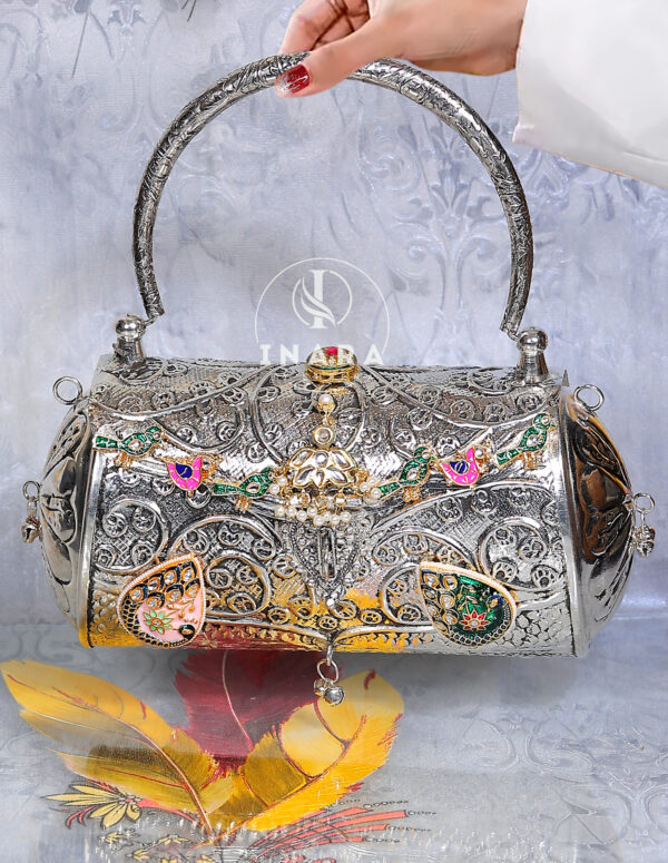 Metal silver base kundan bag