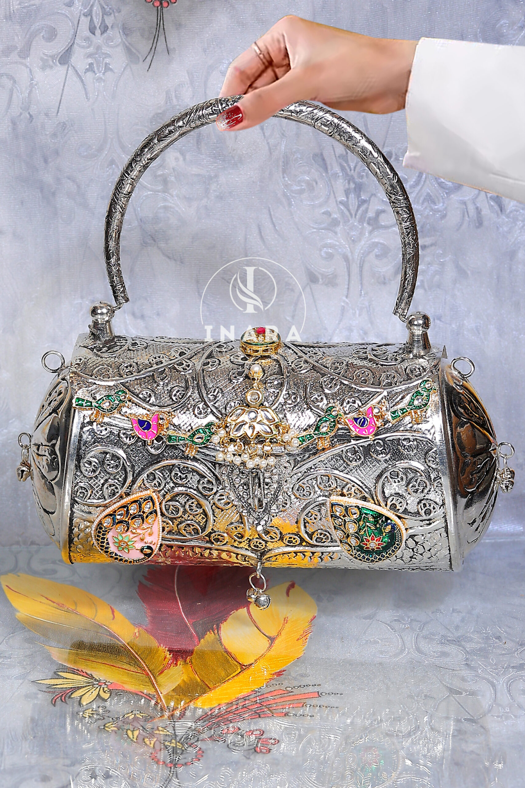 Metal silver base kundan bag