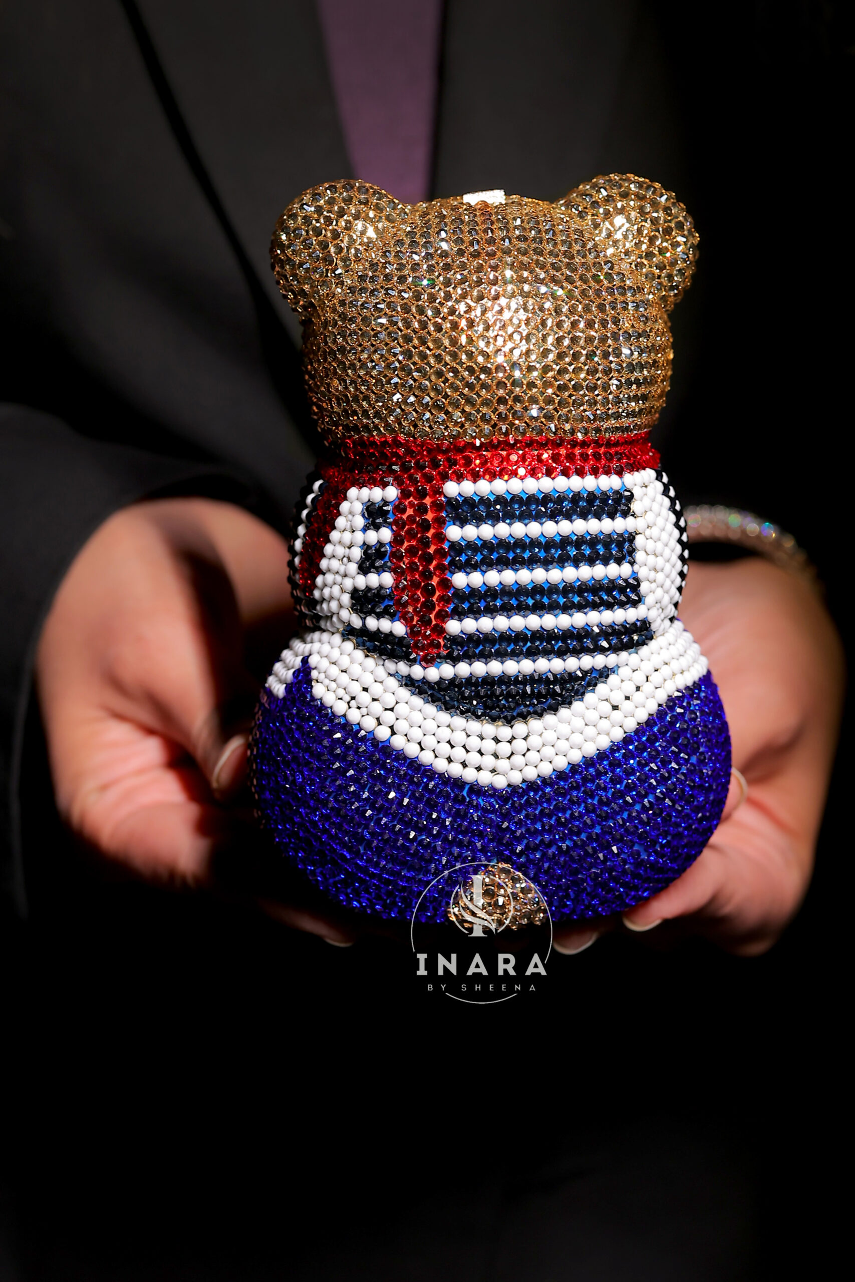 Premium Swarovski Blue Golden Bow Bear clutch - Image 2