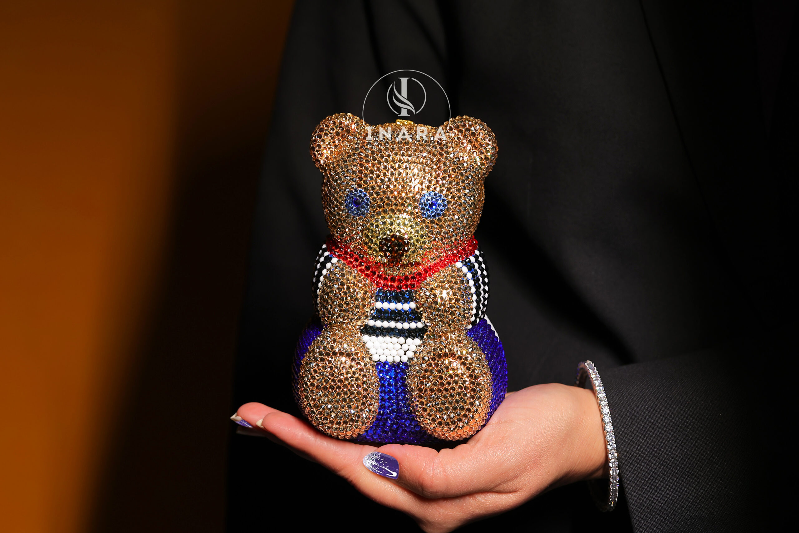 Premium Swarovski Blue Golden Bow Bear clutch - Image 3