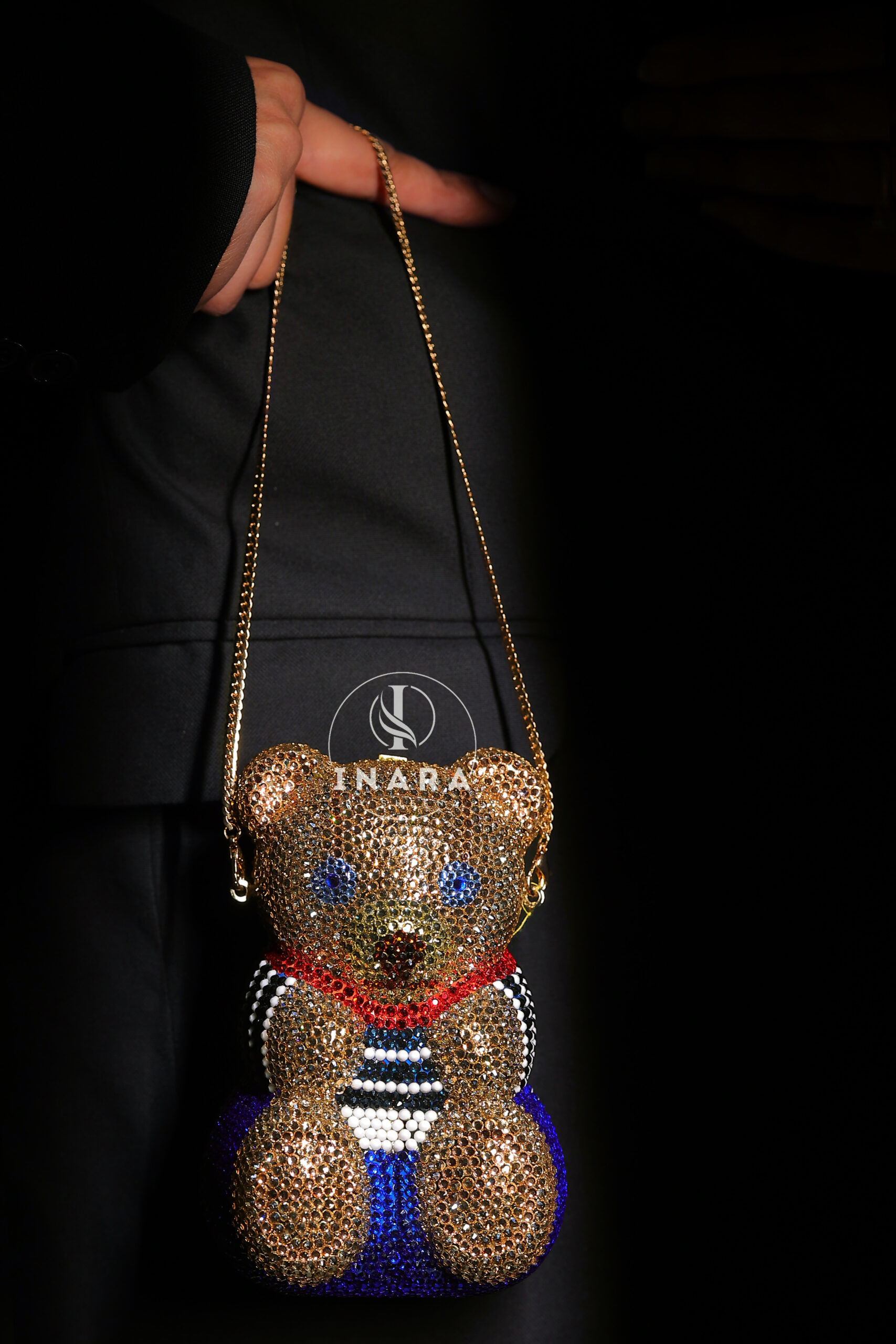 Premium Swarovski Blue Golden Bow Bear clutch