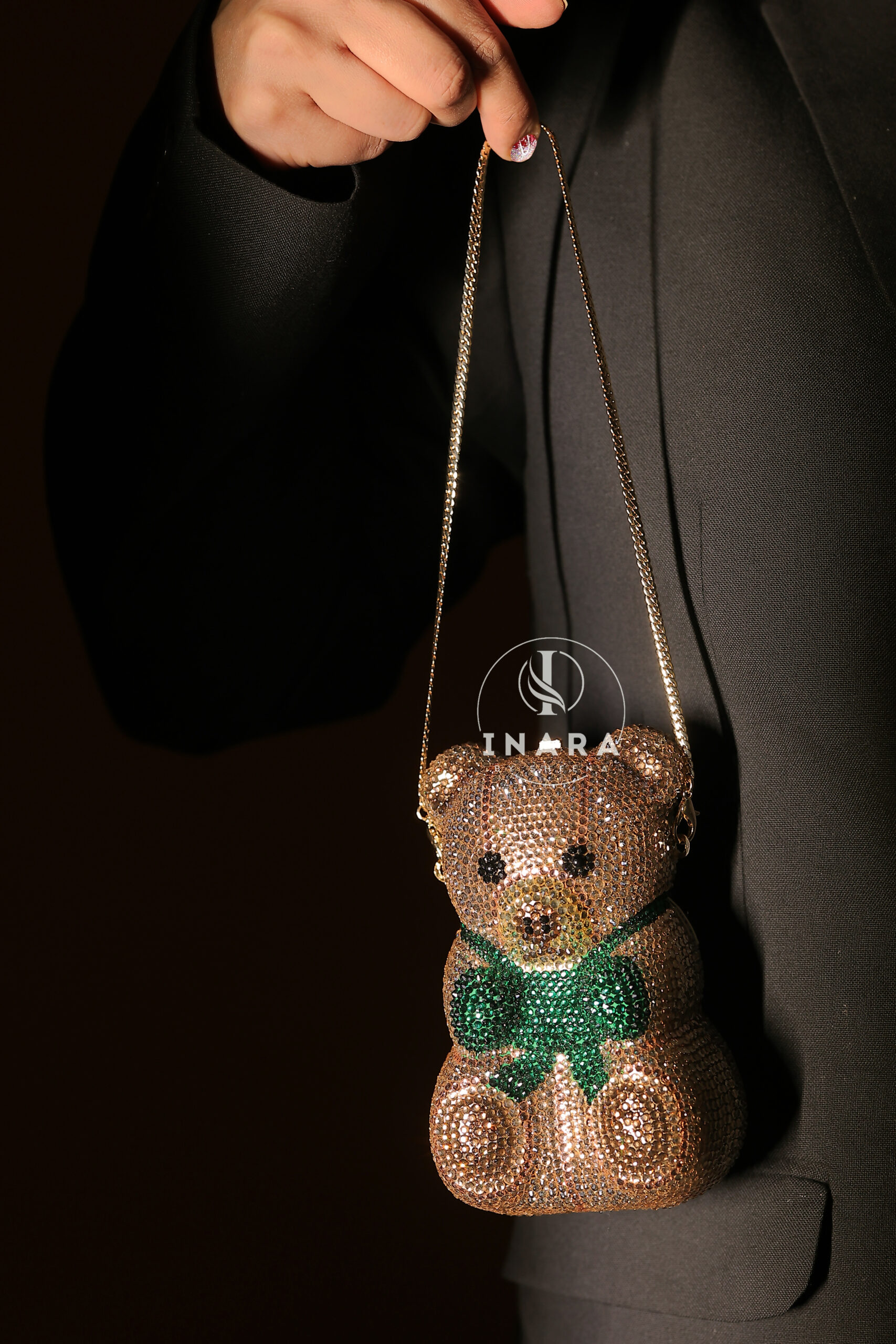 Premium Swarovski Golden Green Bow Bear clutch