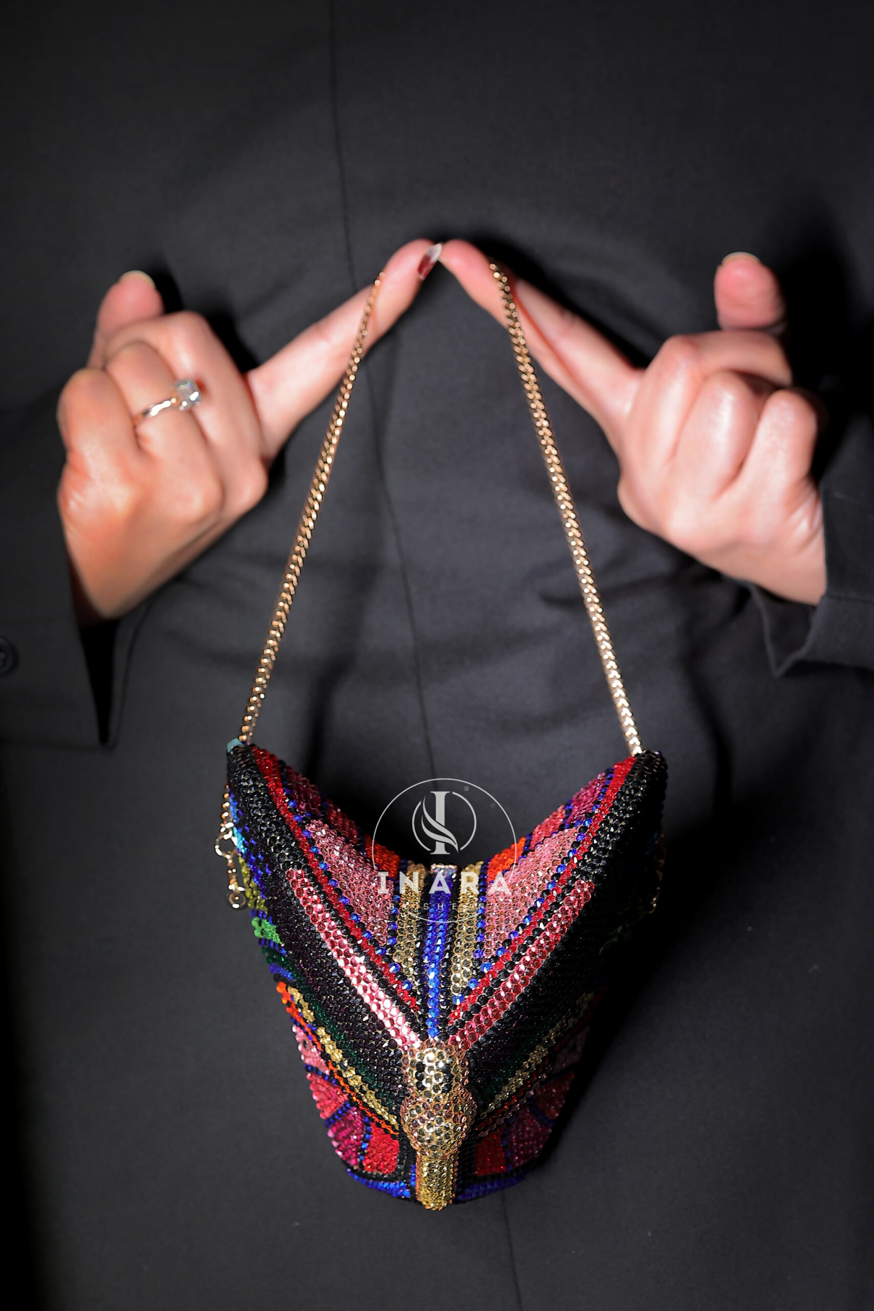 Premium Swarovski Morocco Black Multicolored Butterfly handset clutch - Image 2