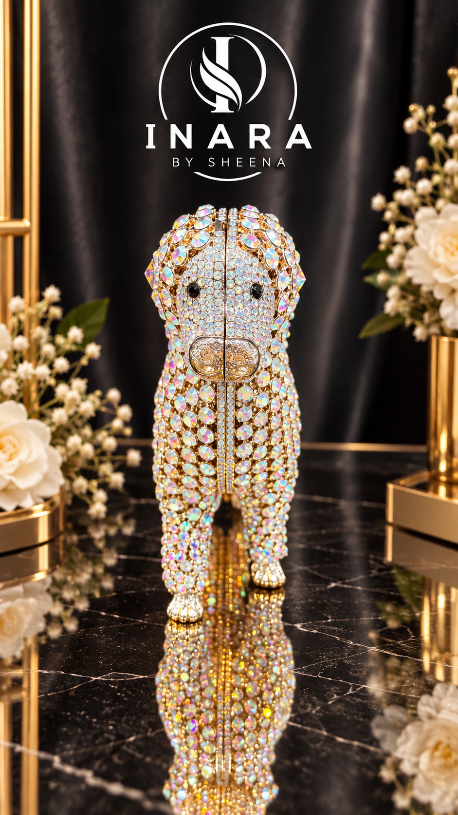 Crystal Canine Statement Golden holographic Clutch - Image 5