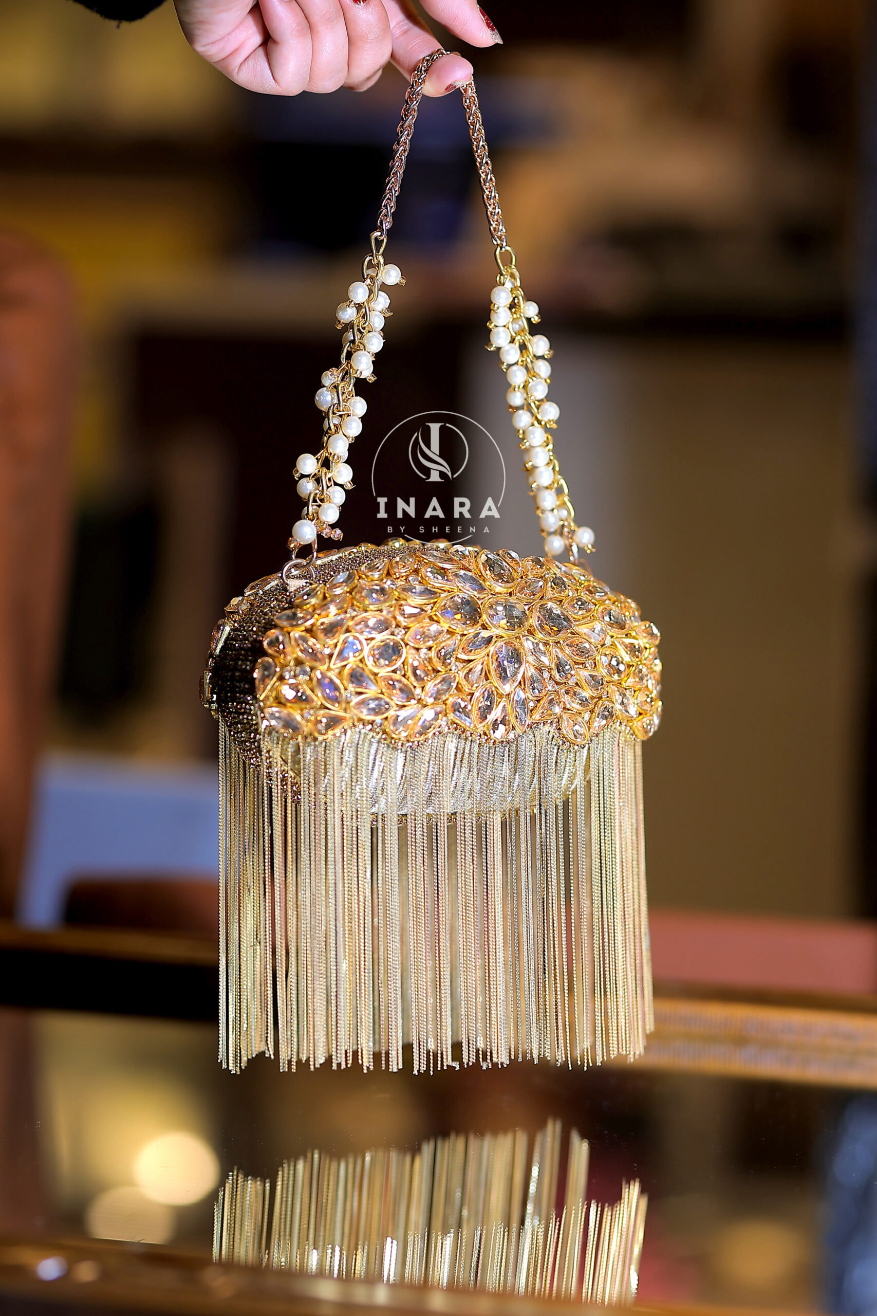 Mirani Golden Crystal Fringe Clutch