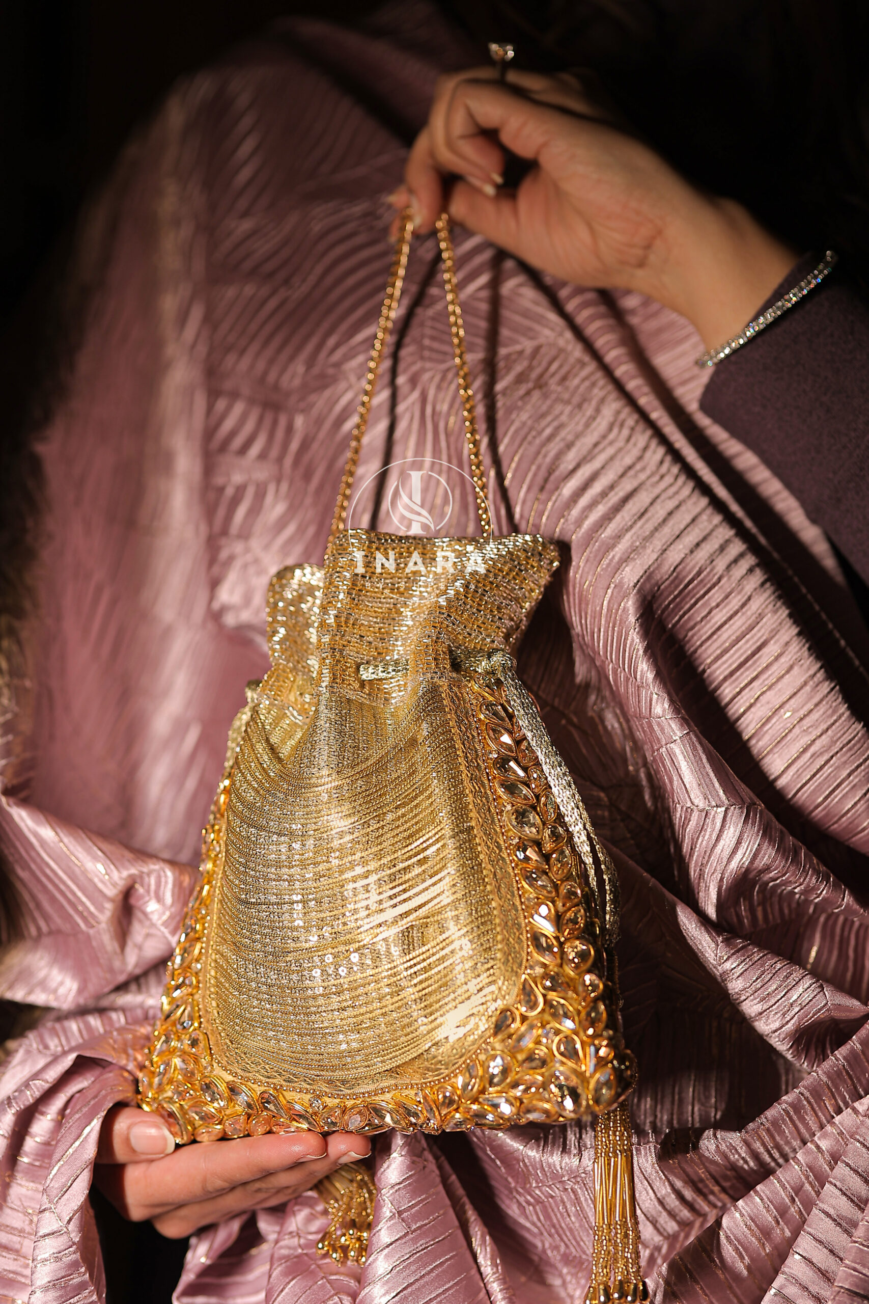 Mehraab Golden Kundan Stonework & Chainwork Luxe Potli