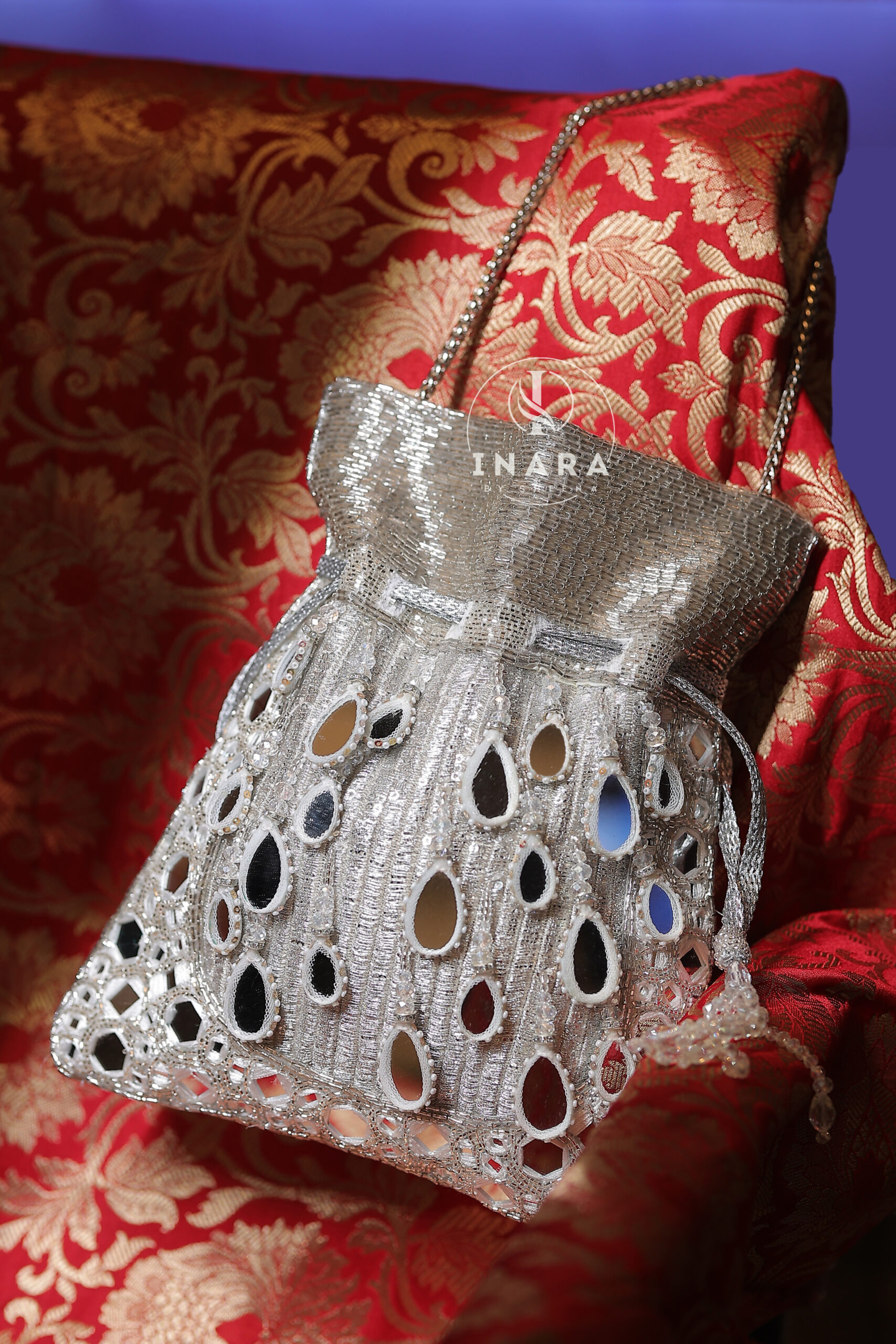 Regal Teardrop Mirror-Work Potli – Gold & Silver - Image 3